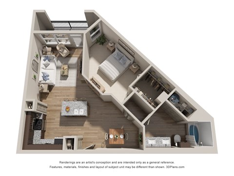 Floor plan for 1 bed, 1 bath, 945 sqft